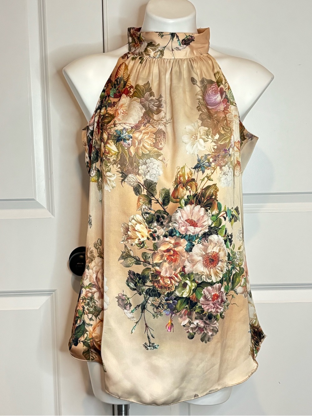 Karmamia Blush Antique Floral Satin Halter Blouse Top S/M